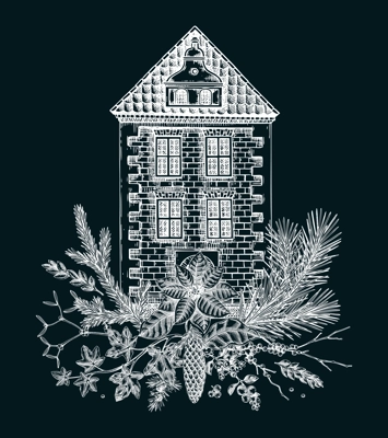 Vintage Christmas card design. European architecture sketch. Old brick house drawing on chalkboard. Winter trees hand-drawn vector illustration. NOT AI generated